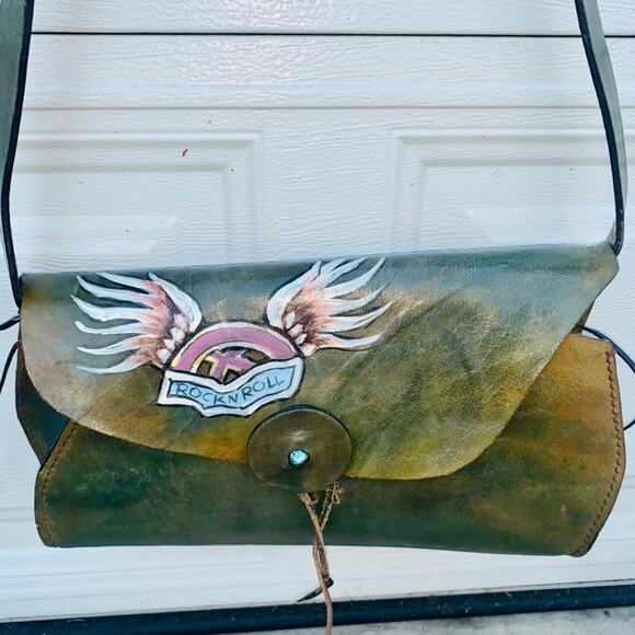 VINTAGE 90’s LARGE ROCK N ROLL HANDPAINTED LEATHER BAG w/ TURQUOISE GEMSTONE - Picture 1 of 5